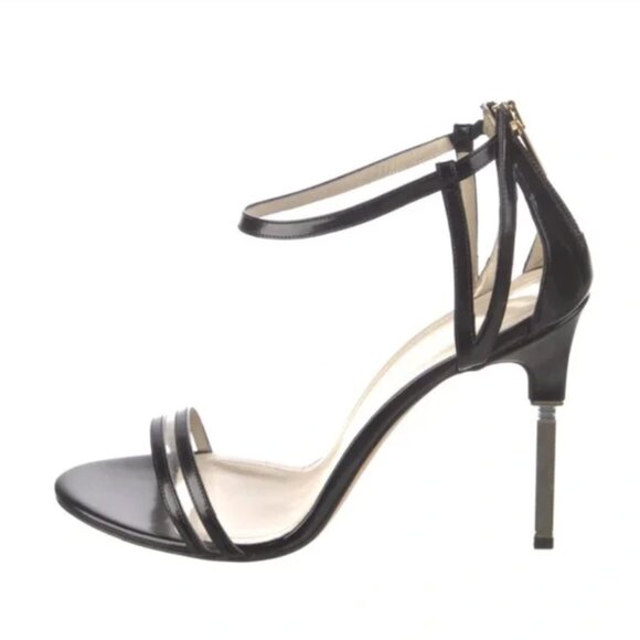 Mia Becar Leather Black Gold Heel back zipper High Heels open toe 38.5 US 8.5 - Picture 3 of 13